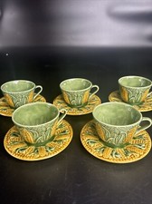 Bordallo Pinheiro Tea Cups  Saucers Yellow Corn Green Leaf Portugal HTF