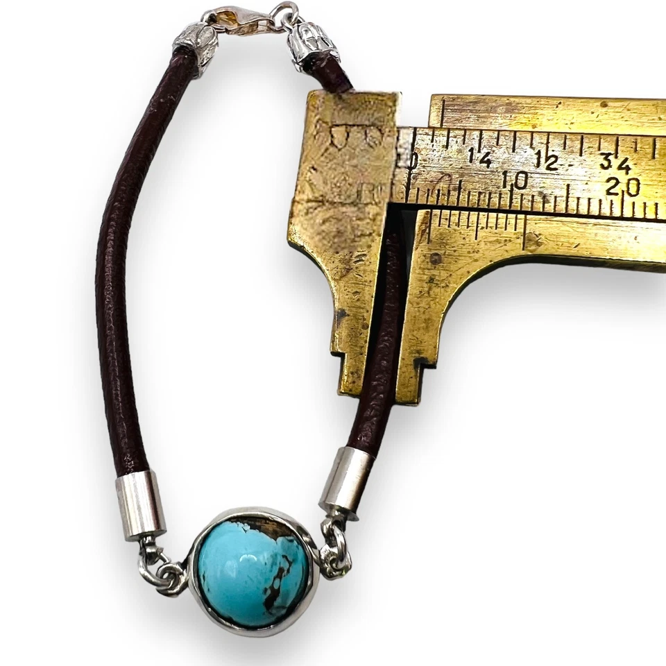 Brazalete de cuero colgante redondo turquesa azul natural de plata de ley de 6,5" Foto 4 de 4