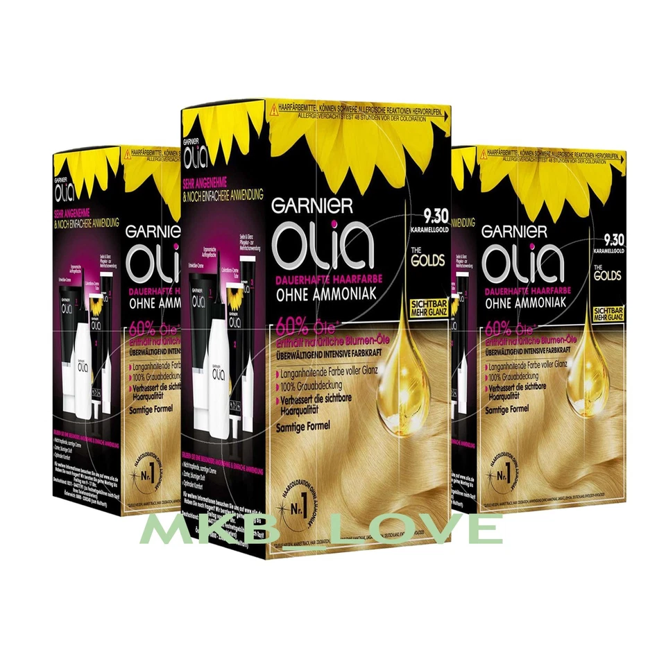 3 X Garnier Olia Permanent Hair Dye Up to 100% Grey Hair Coverage Caramel Gold