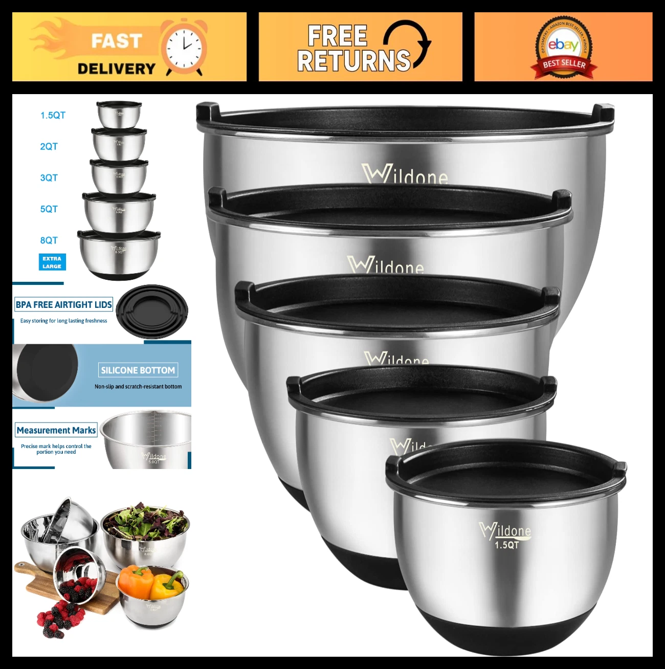 Nesting Mixing Bowls Set of 5 with Airtight Lids, Stainless Steel, Non-Slip Bott