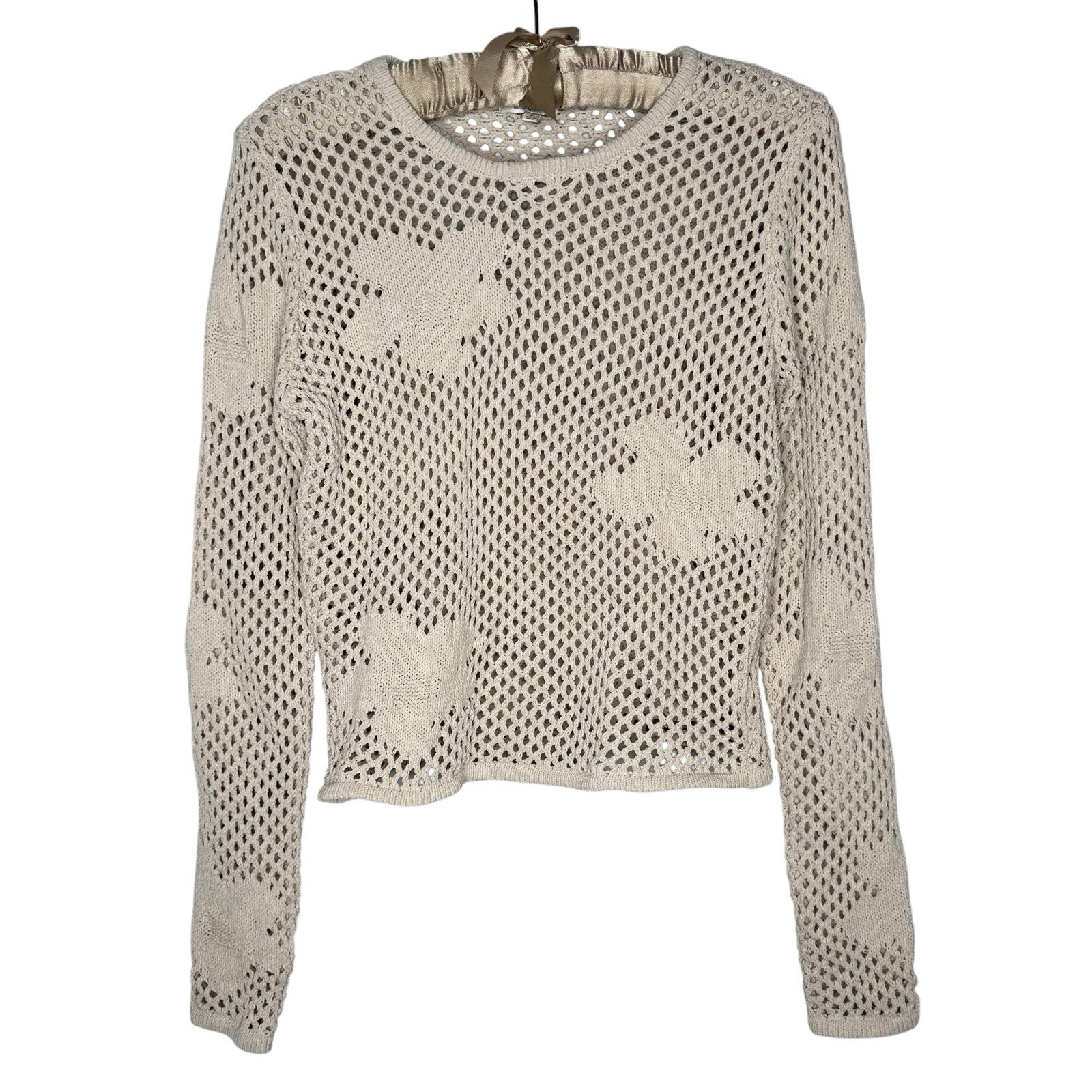 Z Supply S Flower Open Knit Cropped Sweater Long Sleeve Stretch Fishnet Mesh Top