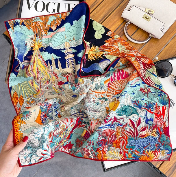 70% Cashmere 30% Silk Bandanna Shawl Scarf 26'' castle Print Neckerchief Wrap