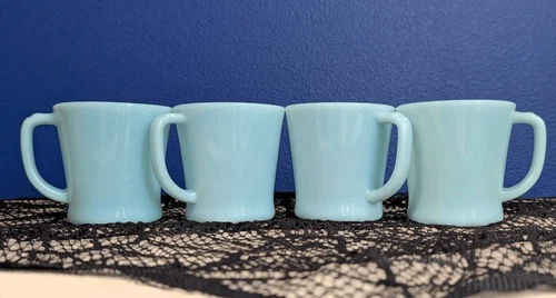Vintage Fire-King Delphite Blue D-Handle Mugs Set of 4 Made in USA Milk Glass