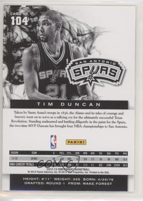 2012-13 Panini Contenders Tim Duncan #104 HOF - Image 2 of 2