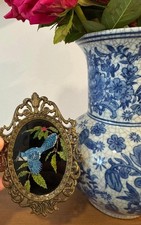 Vintage Reverse Painting on Glass Blue Jay Bird Ornate Frame Signed by Artist