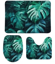 New BATHROOM MAT SET Bath Mat Toilet Mat Toilet Seat Cover Green Palm Leaves Set