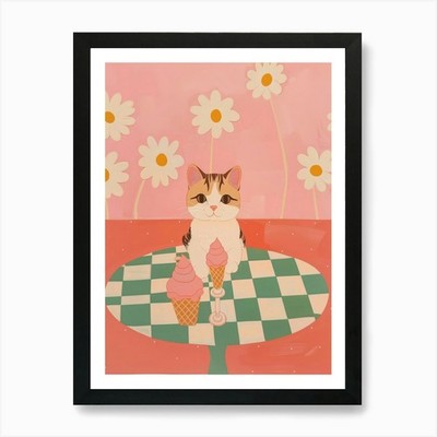 Katze und Eis 1 Kunstdruck gerahmt Wandbild Poster Leinwanddruck Bild