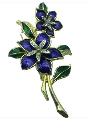 Vintage C'est Bien Floral Purple Enamel Brooch Gold Tone 3'' Costume Jewelry