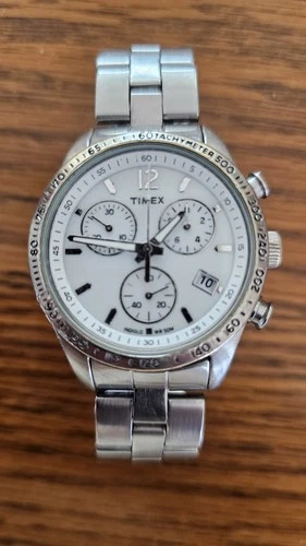Vntg Timex Chronograph 36mm Indiglo White Dial