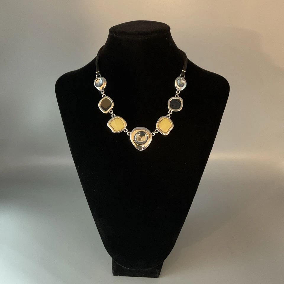 Lia Sophia 16” Milky Way' Black Yellow MOP Glass Silver Tone Necklace - Image 3 of 4