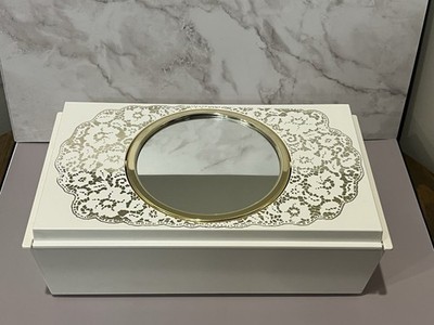 Vintage White Plastic Jewelry Box with Mirror & Gold Tone Lace Design 11x6x4