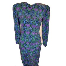 Vintage Adrianna Papell 100% Silk Pattern Big Button Dress sz 4