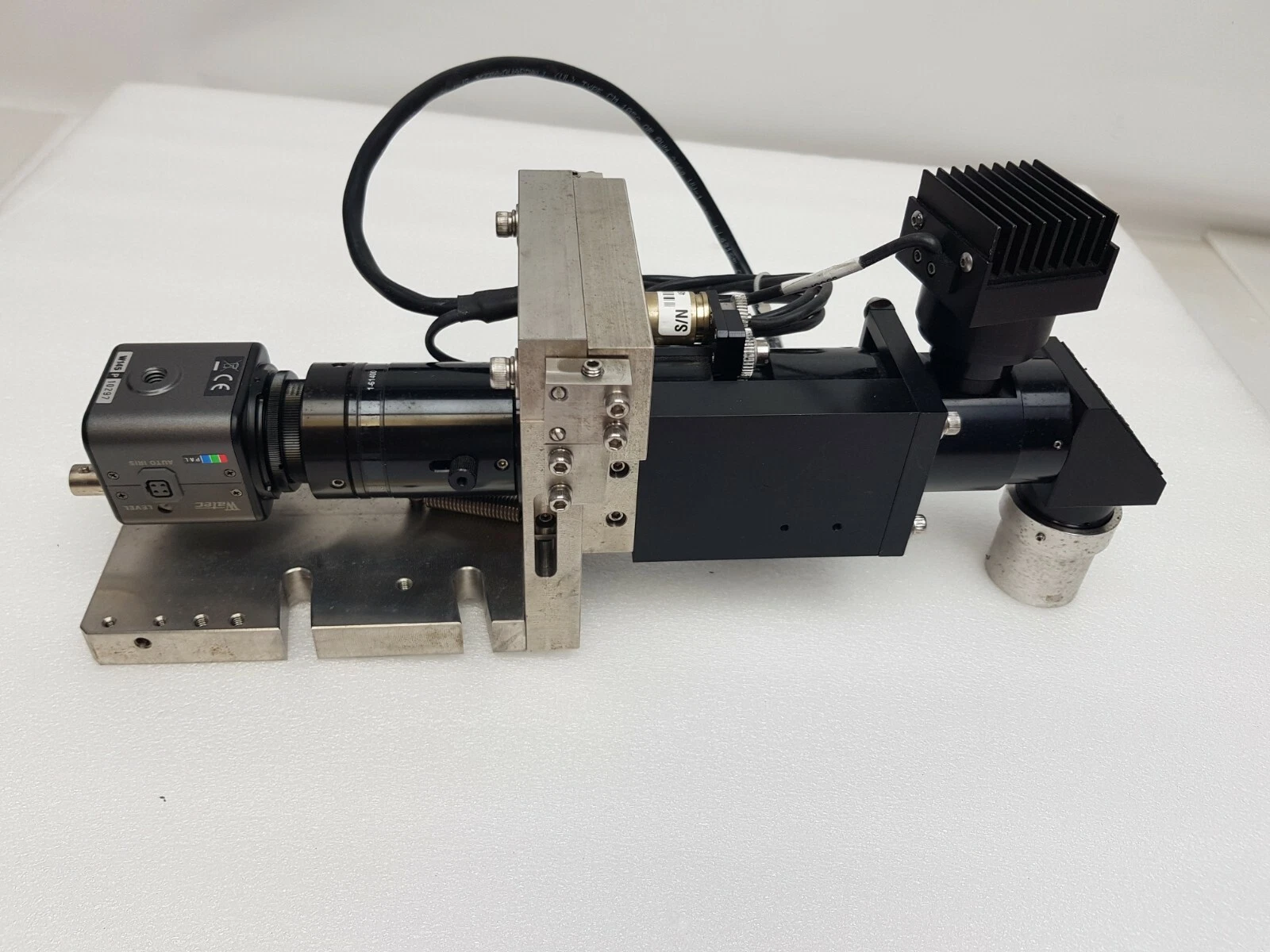 Navitar zoom assembly with Watec camera and LED head on its metal bracket, side view