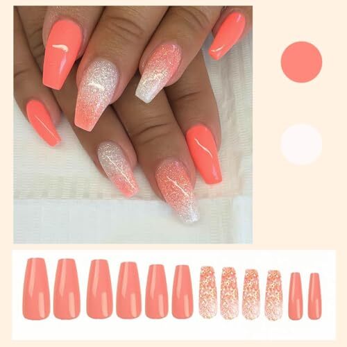 Medium Press on Nails Coffin Fake Nails Pink Orange Ballet Nails Press style9 - Bild 2 von 7