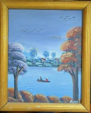 Collectible Haitian Folk Art Naif BIJOUX Painting BORGE Haiti Romantic excursion
