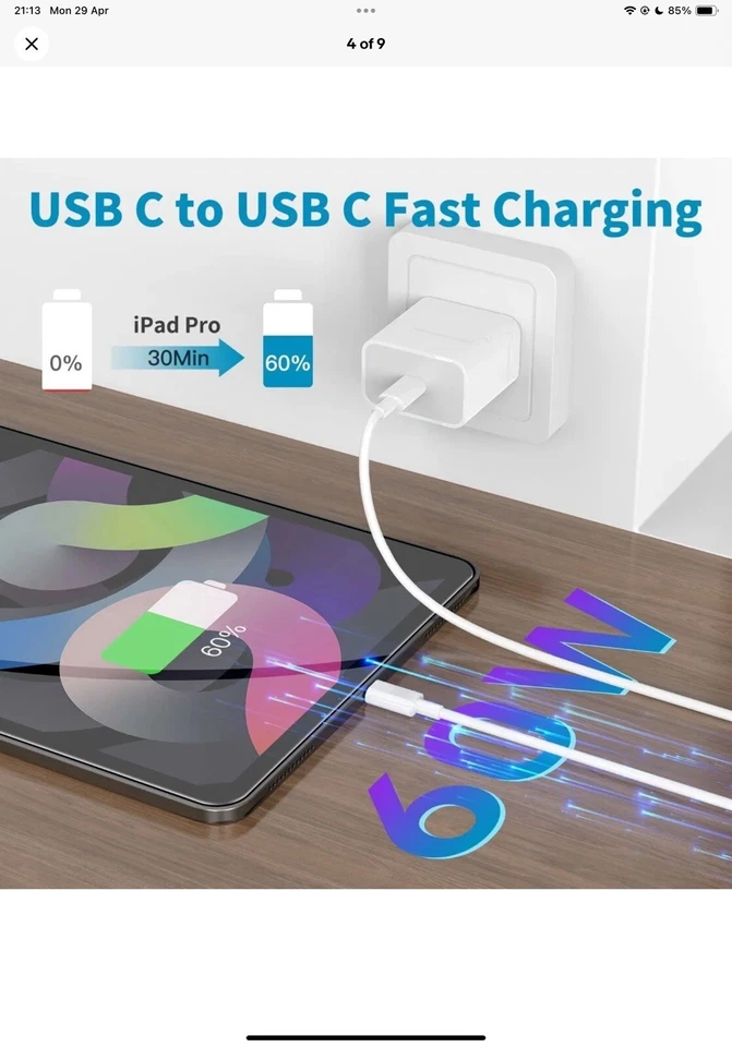 USB C Cable Fast Charger Lead for Type C Ipad iPhone 15 series Macbook 65W, 1 M - Image 4 of 4