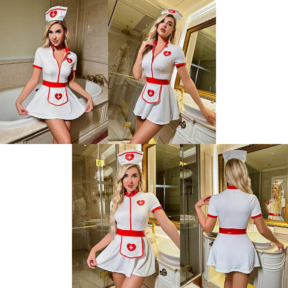 Mujeres Vestido de Enfermera Cremallera Frontal Uniforme Halloween Disfraz Mini Conjunto Discoteca Raves Foto 2 de 3