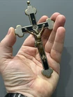 Vintage Budded Crucifix  Nickel Silver & Ebony Wood Skull Crossbones