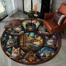 Enchanted Cat Library Design Round Area Mat - Non-Woven Polyester, Non-Slip, Lux