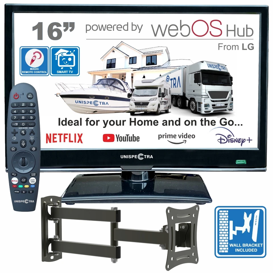Smart TV 16" Unispectra® (webOS) + staffa 12/24V camper caravan camion TV