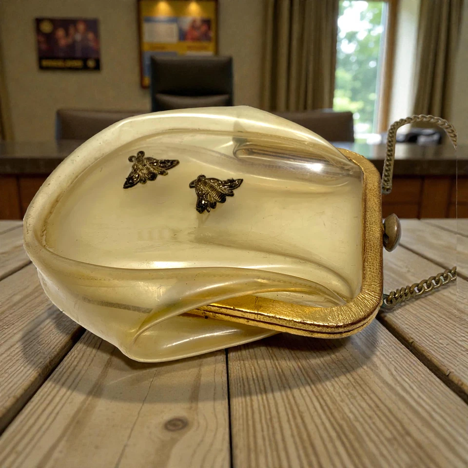 Bolso Cartera de Noche Rosenfeld Vintage Años 50 Vinilo Drapeado Transparente Detalle de Insectos de Latón Foto 3 de 4