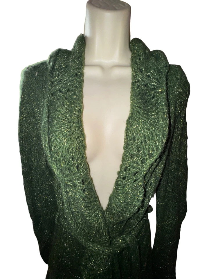 Cardigã suéter verde escuro grande cintilante malha envoltório com cinto boho hippie glam - Imagem 3 de 4