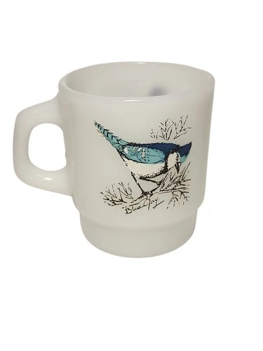 Anchor Hocking Fire King Blue Jay & Oriole Milk Glass Coffee Mug 3.5" Vintage