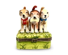 Trio of Dogs Hinged Trinket Box w/Mini  Bone Inside~Vintage 2.5" x 3"