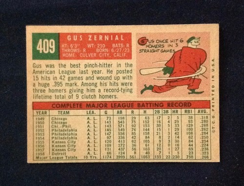 1959 Topps Baseball #409 Gus Zernial Detroit Tigers EX-EX-MT envío gratuito - Imagen 2 de 2