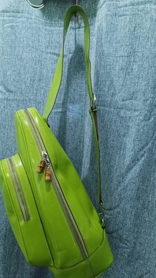 Vintage Gucci Bamboo + Enameled Leather Sling Backpack - Hunter Green Gucci Vintage Bamboo Sling Backpack Lime Green SUPER RARE  main image 2
