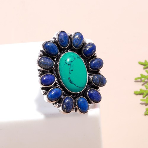 Turquoise, Lapis Lazuli Gemstone Handmade Jewelry 925 Sterling Silver Ring - Picture 3 of 4