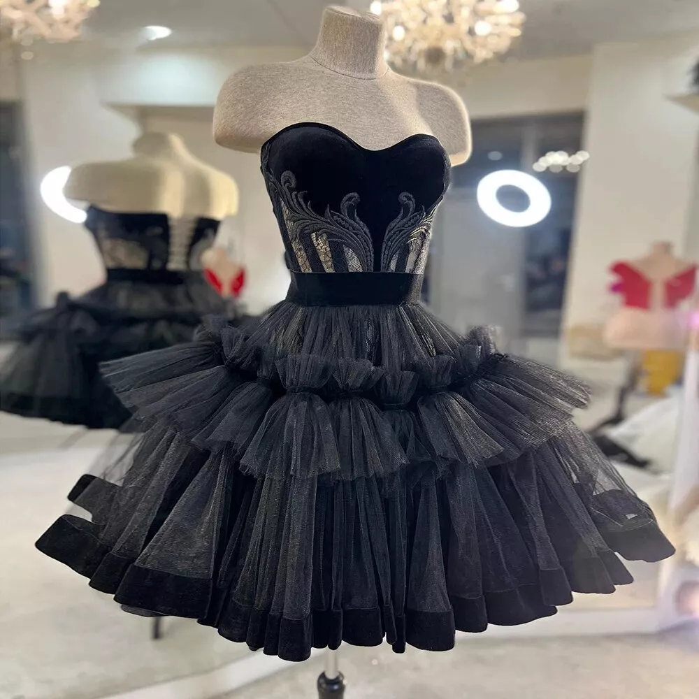 Black Tiered Tulle Short Dresses Ruffles Party Prom Gothic Graduation Outfits