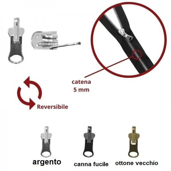 Cursore Auto Bloccante x cerniera catena 5 in Metallo reversibile - double face - Immagine 2 di 2