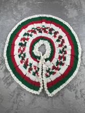 Vintage Handmade Crochet Knit Christmas Tree Skirt Red/Green/White