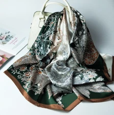 100% Silk 41" large Square Scarf Women Shawl Wrap floral green brown gray HD91-2
