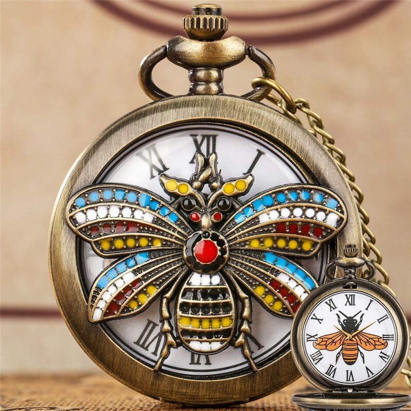 Antique Bee Design Hollow-Out Unisex Quartz Pocket Watch with Roman Numerals Chain  