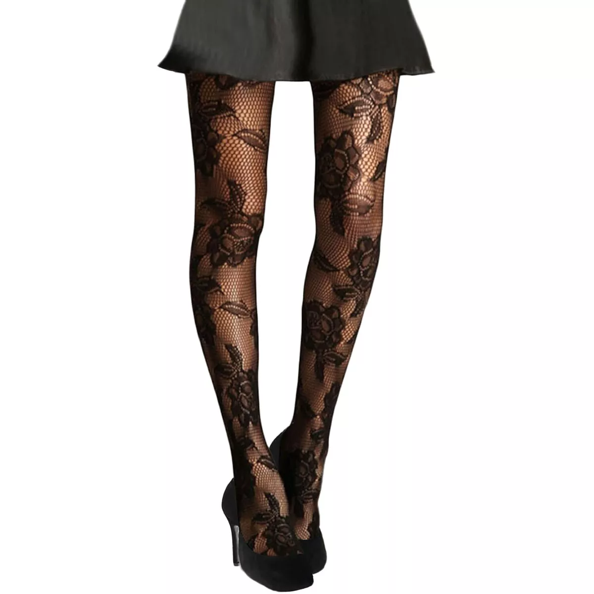 New Womens Black Floral Rose Patterned Fishnet Tights Ladies Pattern  Flowers UK