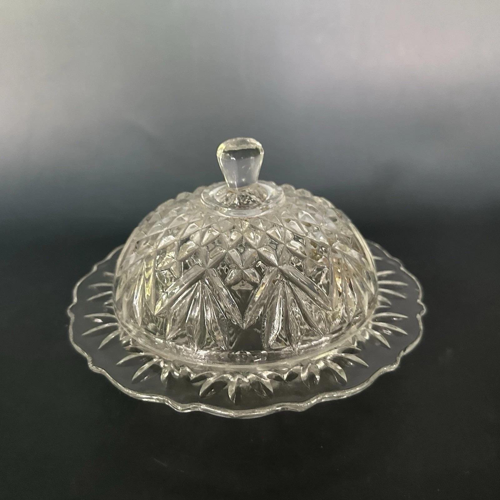 Pressed Glass Butter Dish Covered Butter Keeper Starburst Farmhouse 7”