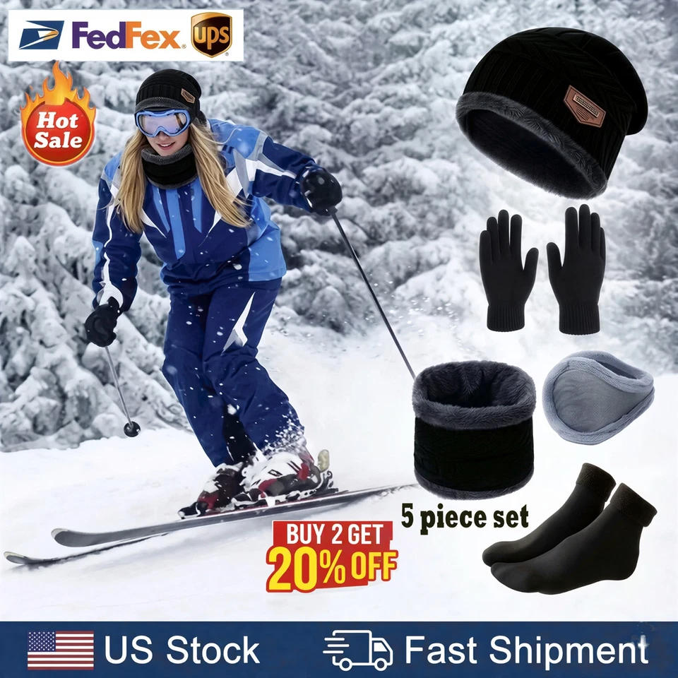 Unisex Gorro Térmico Polar Tejido Conjunto 5 Piezas Sombrero Guantes Cuello Capucha Oreja Cubiertas Calcetines Foto 2 de 4