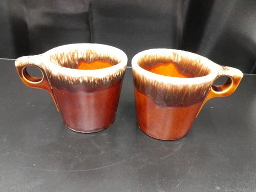 Hull Pottery Oven Proof USA Coffee Mug Tea Cup Brown Drip Glaze Set of 2 Vintage