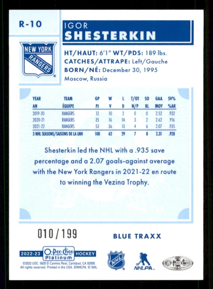 2022-23 O-Pee-Chee Platinum Retro Blue Traxx #R10 Igor Shesterkin /199 - Image 2 of 2