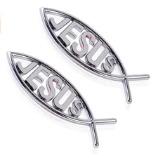 2pcs Jesus Fish Decal Sticker Silver,3D Car Chrome Decal Emblem Sticker Relig...