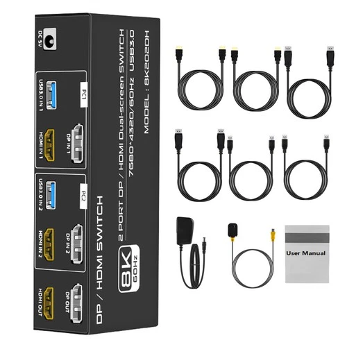 2 In 2 Out 8K DP HDMI2.1 USB3.0 KVM Switch Switcher 2x2 For 2 Computer 2 Monitor