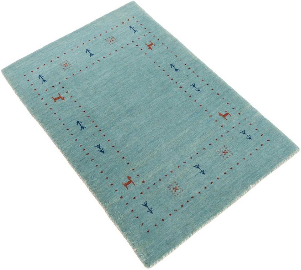 Handloom 90X60 Cm Handwoven Oriental Carpet Wool Modern Rug New Blue - Image 3 of 4