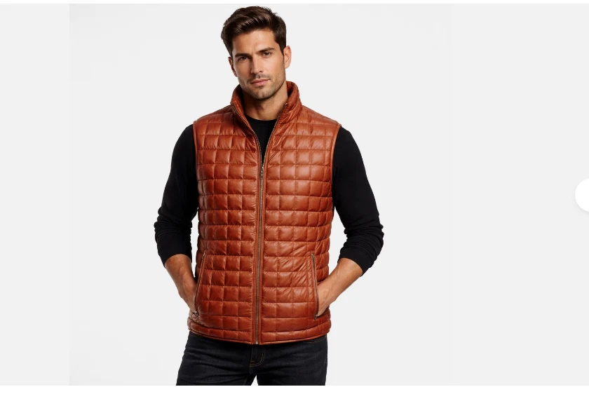 Men Genuine Lambskin Leather Puffer Vest Quilted Box Stitch Sleeveless Jacket