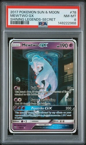 2017 POKEMON SUN & MOON SHINING LEGENDS SECRET #78 MEWTWO GX PSA 8