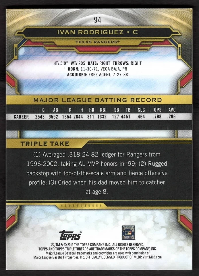 2019 Ivan Rodriguez Topps Triple Threads Baseball Emerald /259 Rangers #94 - Image 2 of 2