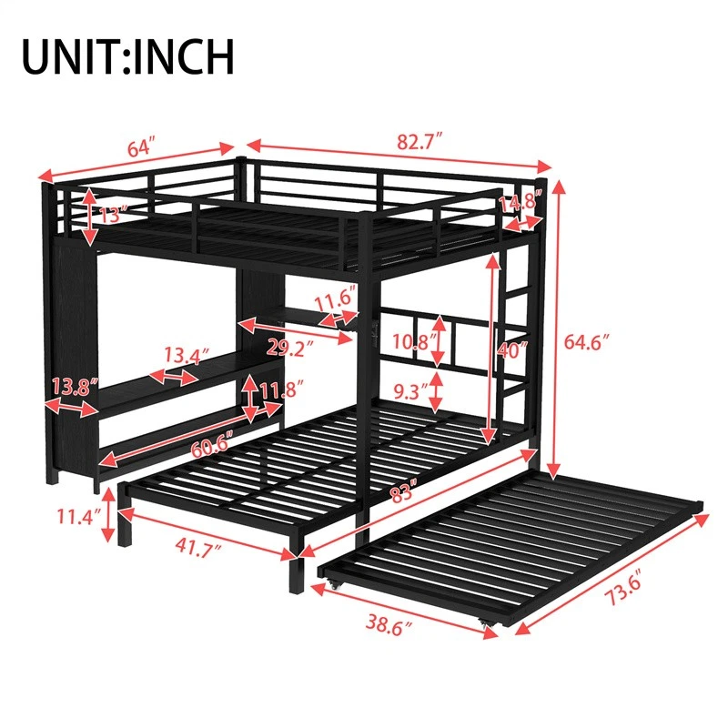 Queen Over Twin Metal Bunk Bed with Built-in Wardrobe/Trundle Bed/Foldable Desk - Image 2 of 4