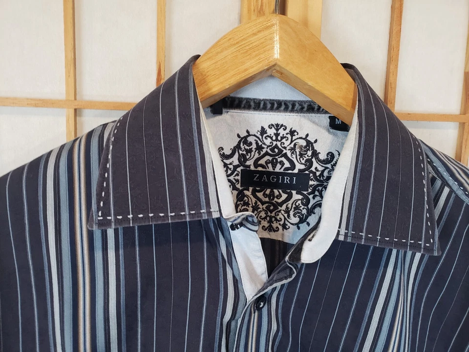 Camisa masculina ZAGIRI multicolorida listrada contraste punho manga longa botão para cima tamanho M - Imagem 2 de 4