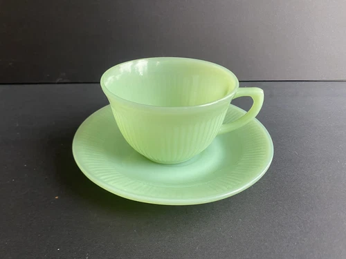 Cup Saucer Tea Coffee Green Jane Ray Jadeite Fire King Marked Granny Core